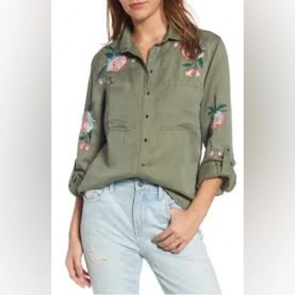 RAILS Marcel Embroidered Floral Button Up Linen Flannel in Sage Size xs - Picture 3 of 8
